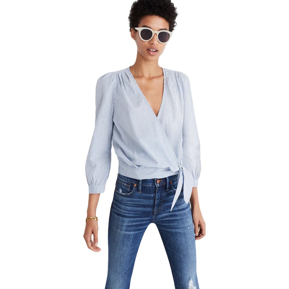 NWOT MADEWELL Top S Wrap"Albury Stripe"Blue White V Bow Puff Balloon-Long-Sleev